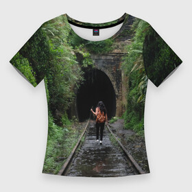 Женская футболка 3D Slim с принтом Дорога, уходящая в неизвестность в Петрозаводске,  |  | бегство | девушка | деревья | дорога | жд | железная дорога | загадка | заросли | лес | мистика | мрак | мрачное | неизвестность | природа | рельсы | саспенс | тайна | туннель