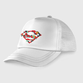 Детская кепка тракер с принтом Logo Superman в Петрозаводске, Козырек - 100% хлопок. Кепка - 100% полиэстер, Задняя часть - сетка | универсальный размер, пластиковая застёжка | dc | буква | герой | знак | кларк кент | комиксы | логотип | персонаж | супермен