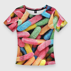 Женская футболка 3D Slim с принтом Мармеладные червячки в Петрозаводске,  |  | sweet | десерт | макаронс | мармелад | мармеладки | мармеладные червячки | пирожные | разноцветные | сахар | сладкий пирожок | сладкий пирожочек | сладкоежка | сладкоешка | сладости | червяки