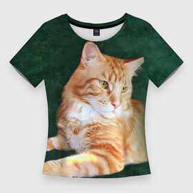 Женская футболка 3D Slim с принтом Мейн кун рыжий кот в Петрозаводске,  |  | cat | зеленая | зеленый | кот | котенок | котик | красивый | кун | мейн | порода | рыжий | фотография