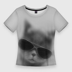 Женская футболка 3D Slim с принтом Крутой кот в очках в тумане в Петрозаводске,  |  | cat | kawaii | kitten | kitty | pussycat | кот | котенок | котик | кошачьи | кошка | милый