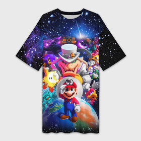 Платье-футболка 3D с принтом Super Mario Odyssey  Space  Video game в Петрозаводске,  |  | bowser | heroes | space | stars | super mario | team | video game | боузер | видеоигра | герои | звёзды | космос | супер марио