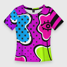 Женская футболка 3D Slim с принтом Яркий абстрактный узор в стиле 90х, неоновые цвета в Петрозаводске,  |  | Тематика изображения на принте: 90 | 90х | 90ые | pop art | амебы | геометрический | глаз | глаза | кислотные | кляксы | неон | неоновый | поп | поп арт | пятна | розовый | салатовый | сетка дот | яркий