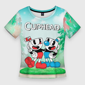 Женская футболка 3D Slim с принтом Cuphead Красная и синяя чашечка в Петрозаводске,  |  | cuphead | cupheadshow | игра чашки | капхед | капхэд | нетфликс | чашечки | чашка | чашки | шоу | шоу чашечка