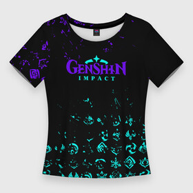Женская футболка 3D Slim с принтом GENSHIN NEON PATTERN SYMBOL НЕОН ЭМБЛЕМЫ. в Петрозаводске,  |  | genshin impact | razor genshin impact | аниме | геншин | геншин импакт | игра | рэйзор геншин | сяо лин genshin | ци ци геншин импакт
