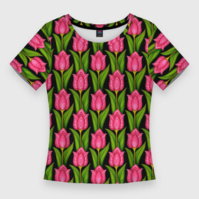 Женская футболка 3D Slim с принтом Красные тюльпаны на черном фоне в Петрозаводске,  |  | abstract | абстракция | паттерн | текстура | тюльпаны | узор | узоры | цветы