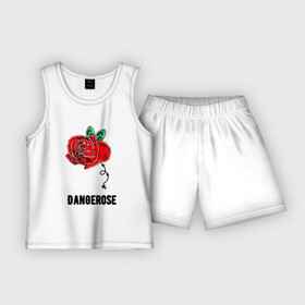 Детская пижама с шортами хлопок с принтом Dangerose в Петрозаводске,  |  | dangerose | rose | бутон | красный | листья | надпись | опасность | проволока | роза | стиль | цветок | шипы