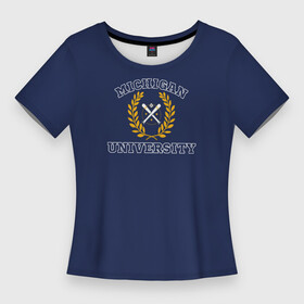 Женская футболка 3D Slim с принтом Michigan University, дизайн в стиле американского университета на синем фоне в Петрозаводске,  |  | est | michigan | university | америка | американские университеты | американский колледж | американский спорт | биты | колледж | мяч | спорт | сша | университеты америки