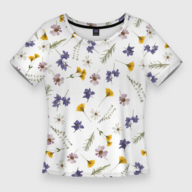 Женская футболка 3D Slim с принтом Простые цветы на белом фоне в Петрозаводске,  |  | белый фон | василек | весна | веточки | детский принт | летний принт | лето | милый принт | наивный принт | пионы | простые цветы | разноцветные цветы | ромашки | сирень | цветочки | цветочный дизайн