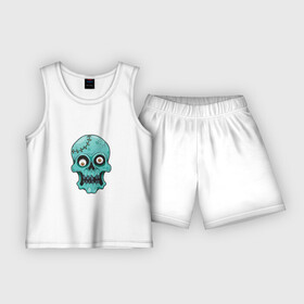 Детская пижама с шортами хлопок с принтом Zombie Skull в Петрозаводске,  |  | death | devil | horror | skull | zombie | демон | дьявол | зло | зомби | призрак | скелет | хоррор | хэллоуин | череп