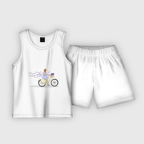 Детская пижама с шортами хлопок с принтом Девушка с лавандой в Петрозаводске,  |  | велосипед | девушка | девушка на велосипеде | лаванда | цветок