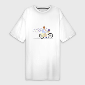 Платье-футболка хлопок с принтом Девушка с лавандой в Петрозаводске,  |  | Тематика изображения на принте: велосипед | девушка | девушка на велосипеде | лаванда | цветок