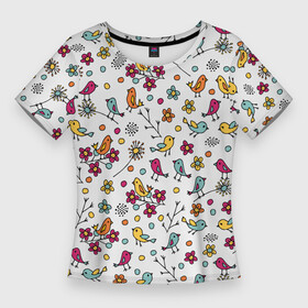 Женская футболка 3D Slim с принтом Птицы и цветы. Разноцветный узор в дудл стиле в Петрозаводске,  |  | весна | ветка | веточки | детский рисунок | дудл | дудлинг | желтый | красочный | обводка | оранжевый | паттерн | питомцы | природа | птицы | разноцветный узор | розовый | цветок | цветочный узор
