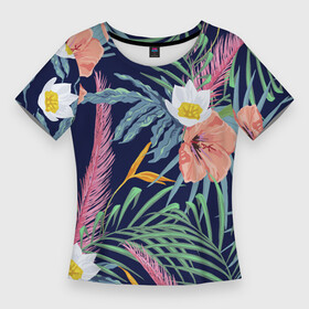 Женская футболка 3D Slim с принтом Цветы Гибискусы в Петрозаводске,  |  | Тематика изображения на принте: flowers | природа | растение | флора | цветы