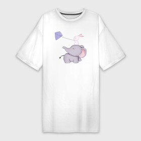 Платье-футболка хлопок с принтом Милый Слонёнок и Кролик Играют С Воздушным Змеем в Петрозаводске,  |  | animals | beast | cute | hare | rabbit | животные | заяц | звери | кролик | крольчонок | милый | слон | слонёнок