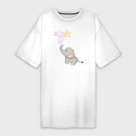 Платье-футболка хлопок с принтом Милый Слонёнок и Кролик Играют Со Звездой в Петрозаводске,  |  | animals | beast | cute | hare | rabbit | животные | заяц | звери | кролик | крольчонок | милый | слон | слонёнок