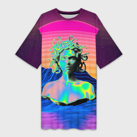 Платье-футболка 3D с принтом Gorgon Medusa  Vaporwave  Neon  Mountains в Петрозаводске,  |  | Тематика изображения на принте: color | face | gorgon | medusa | neon | snake | vaporwave | горгона | змея | лицо | медуза | неон | цвет
