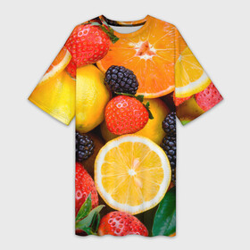 Платье-футболка 3D с принтом ИЗОБИЛИЕ ФРУКТОВ в Петрозаводске,  |  | вегетарианский | веселые | еда | ежевика | желтый | здоровый | зеленый | клубника | красный | красочные | лето | лимон | оранжевый | природа | свежие | узор | фрукты | цитрусовые | яблоко