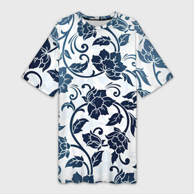 Платье-футболка 3D с принтом Гжелевые цветы в Петрозаводске,  |  | арт | вектор | гжелевый рисунок | гжель | народный рисунок | рисунок | синий | хохлома | цветок | цветы