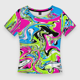 Женская футболка 3D Slim с принтом Абстрактные мраморные разводы в ярких цветах. Поп арт в Петрозаводске,  |  | 90ые | абстрактный | белый | волны | зеленый | мрамор | неоновые цвета | поп арт | разводы | розовый | стиль 90х | черный | яркие цвета | яркий