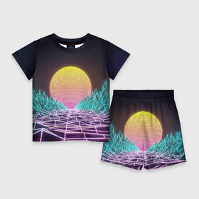 Детский костюм с шортами 3D с принтом Vaporwave  Закат солнца в горах  Neon в Петрозаводске,  |  | mountains | neon | sun | sunset | vaporwave | горы | закат | неон | солнце
