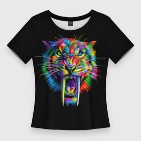 Женская футболка 3D Slim с принтом ЦВЕТНОЙ ТИГР THE COLORED TIGER в Петрозаводске,  |  | большая кошка | дикий | животное | кошка | тигр | хищник | цветной