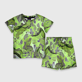 Детский костюм с шортами 3D с принтом Green breeze в Петрозаводске,  |  | Тематика изображения на принте: art | camouflage | colors | gray | green | military | pattern | soldier | war | военный | зеленый | камуфляж | маскировка | паттерн | серый | солдат | узор