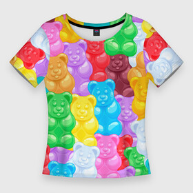 Женская футболка 3D Slim с принтом мармеладные мишки разноцветные в Петрозаводске,  |  | background | bear | bears | colorful | gummy bears | haribo | marmalade | multicolor | sweets | мармелад | мармеладные мишки | медведи | медведь | мишки | мультицвет | разноцветный | сладости | фон | харибо