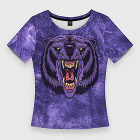 Женская футболка 3D Slim с принтом Мистический медведь в Петрозаводске,  |  | голова | гризли | жестокий | злобный | злой | косолапый | лес | лютый | медведище | медведь | мистика | мистический | сердитый | фиолетовый | хищник | хозяин | яростный