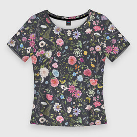 Женская футболка 3D Slim с принтом Разные цветы листья травы на темном фоне в Петрозаводске,  |  | гортензия | листья | луговые цветы | много цветов | папоротник | пион | полевые цветы | разные цветы | растительный | роза | цветочный | цветы