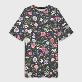 Платье-футболка 3D с принтом Разные цветы листья травы на темном фоне в Петрозаводске,  |  | гортензия | листья | луговые цветы | много цветов | папоротник | пион | полевые цветы | разные цветы | растительный | роза | цветочный | цветы