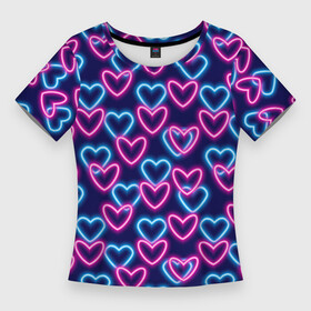 Женская футболка 3D Slim с принтом Неоновые сердца, паттерн в Петрозаводске,  |  | абстракция | любовь | неон | неоновый | розовый | сердце | темный фон