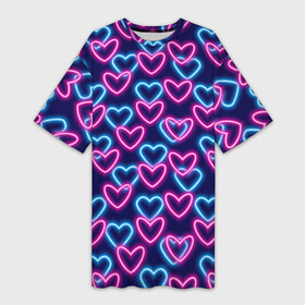 Платье-футболка 3D с принтом Неоновые сердца, паттерн в Петрозаводске,  |  | абстракция | любовь | неон | неоновый | розовый | сердце | темный фон