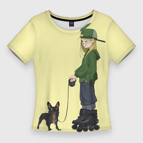 Женская футболка 3D Slim с принтом Девочка и собака улыбака в Петрозаводске,  |  | бульдог | девушка | мопс | ролики | роллер | смайл | собака | тинейджер | улыбка