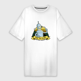 Платье-футболка хлопок с принтом Bender planet в Петрозаводске,  |  | bender | cloud | kill all humans | robot | save the planet | sun | tree | бендер | облоко | робот | солнце | сосна | спасти планету