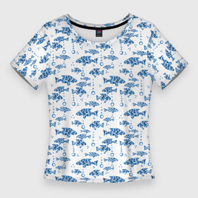 Женская футболка 3D Slim с принтом Голубые рыбки ретро принт в Петрозаводске,  |  | Тематика изображения на принте: blue and white | fish | nautical | морской | пляжный узор | рыбы