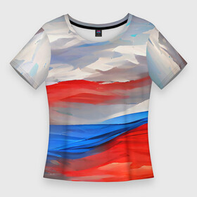 Женская футболка 3D Slim с принтом Флаг России в красках в Петрозаводске,  |  | colors | country | flag | patriot | russia | tricolor | краски | патриот | родина | россия | русский | рф | страна | триколор | флаг | цвета