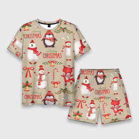 Мужской костюм с шортами 3D с принтом СЧАСТЛИВОГО РОЖДЕСТВА ( MERRY CHRISTMAS) в Петрозаводске,  |  | дед мороз | елка | заяц | зима | каникулы | лиса | медведь | олени | пингвин | праздник | праздничный | снег | цитата