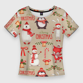 Женская футболка 3D Slim с принтом СЧАСТЛИВОГО РОЖДЕСТВА ( MERRY CHRISTMAS) в Петрозаводске,  |  | дед мороз | елка | заяц | зима | каникулы | лиса | медведь | олени | пингвин | праздник | праздничный | снег | цитата