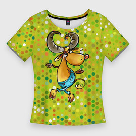 Женская футболка 3D Slim с принтом Веселый козерог в Петрозаводске,  |  | Тематика изображения на принте: баран | козерог | овен | овца | рога