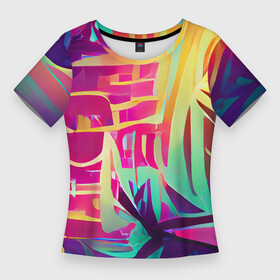 Женская футболка 3D Slim с принтом Хиппи вайб в Петрозаводске,  |  | bright | colors | happy | hippie | jungle | summer | tropic | vibe | абстракция | вайб | джунгли | красочный | лето | настроение | радостный | разноцветный | счастливый | тропический | фееричный | хиппи | цвета