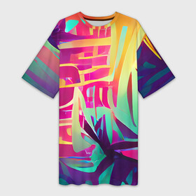 Платье-футболка 3D с принтом Хиппи вайб в Петрозаводске,  |  | bright | colors | happy | hippie | jungle | summer | tropic | vibe | абстракция | вайб | джунгли | красочный | лето | настроение | радостный | разноцветный | счастливый | тропический | фееричный | хиппи | цвета