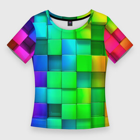 Женская футболка 3D Slim с принтом РАЗНОЦВЕТНЫЕ КУБИКИ (MULTICOLORED CUBES) в Петрозаводске,  |  | геометрический | желтый | зеленый | квадратный | красный | красочный | куб | оптическая иллюзия | розовый | текстура | узор | цвета