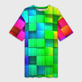 Платье-футболка 3D с принтом РАЗНОЦВЕТНЫЕ КУБИКИ (MULTICOLORED CUBES) в Петрозаводске,  |  | геометрический | желтый | зеленый | квадратный | красный | красочный | куб | оптическая иллюзия | розовый | текстура | узор | цвета
