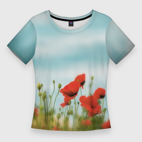 Женская футболка 3D Slim с принтом Маки  небо в Петрозаводске,  |  | в поле | красные пятна | мак | маки | небо | небо с цветами | поле | полевые цветы | природа | с маками | с цветами | цветочный принт | цветы
