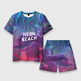 Мужской костюм с шортами 3D с принтом Neon beach в Петрозаводске,  |  | beach | blue | bright | colors | fern | gradient | jungle | leaves | multicoloured | neon | palm | purple | red | summer | tree | tropical | градиент | джунгли | красный | лето | неон | пальма | папоротник | пляж | радостный | разноцветный | син