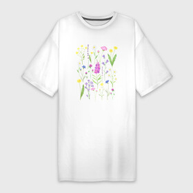 Платье-футболка хлопок с принтом Полевые цветы растения акварелью Ботаника в Петрозаводске,  |  | акварельная иллюстрация | ботаника | ботанический | василек | иван чай | кипрей | клевер | колокольчик | лаванда | лютик | одуванчик | растения | ромашка | цветы