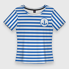 Женская футболка 3D Slim с принтом Морская тельняшка  бело синие полосы и якорь в Петрозаводске,  |  | бело синий | вмф | морская тельняшка | моряк | полосатая майка | полоски | тельняшка | якорь