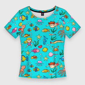 Женская футболка 3D Slim с принтом КУПАНИЕ ДЕТЕЙ С МОРСКИМИ ОБИТАТЕЛЯМИ в Петрозаводске,  |  | весело | вода | девочка | животное | забавный | краб | лето | мальчик | милый | море | морская звезда | морской конек | океан | плавание | пляж | ребенок | рыбы | скат | солнечные ванны | солнце | черепаха