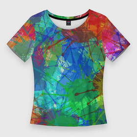 Женская футболка 3D Slim с принтом Разноцветные кляксы в Петрозаводске,  |  | абстракция | желтый | зеленый | кляксы | краски | красный | разноцветные | синий | цвета